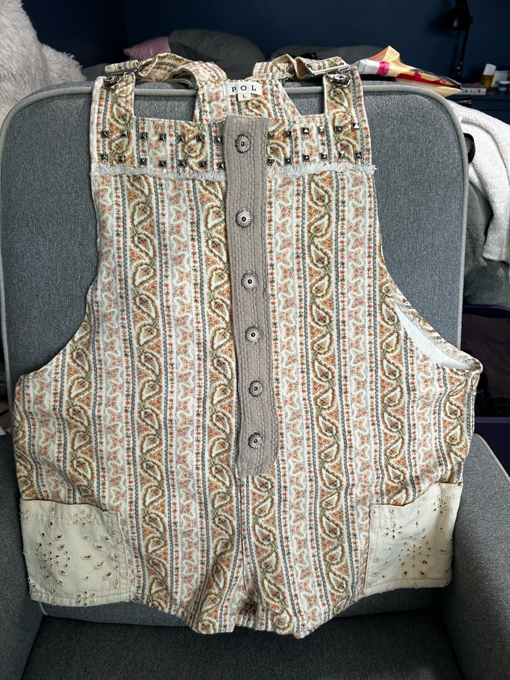 POL Beige & Tan Patterned Overalls